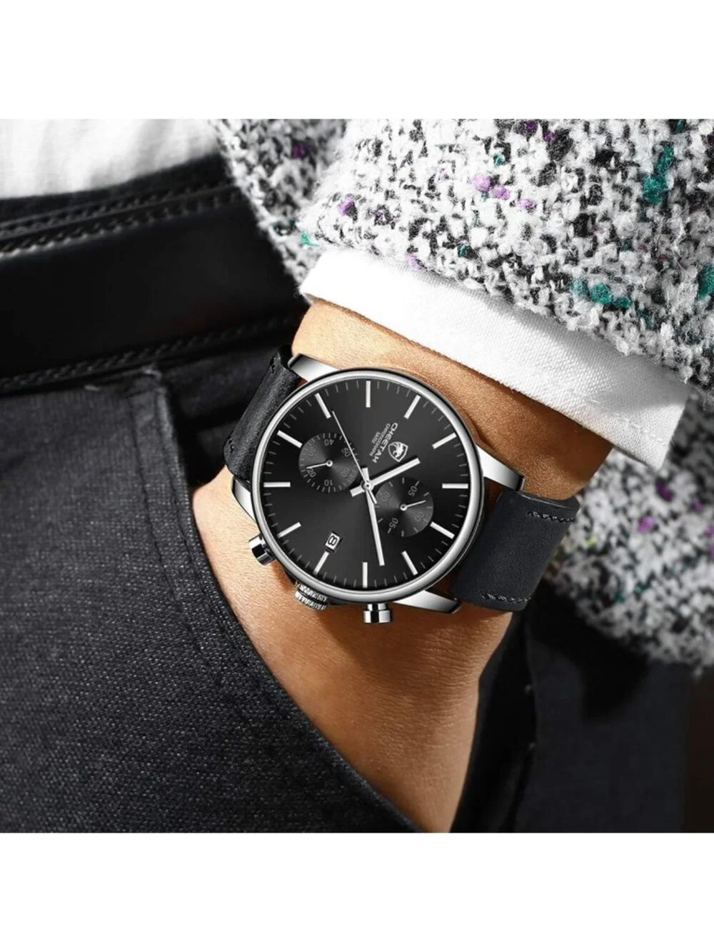 Men's Silver Gray Leather Strap Fashion Minimalist Analog Chronograph Watch